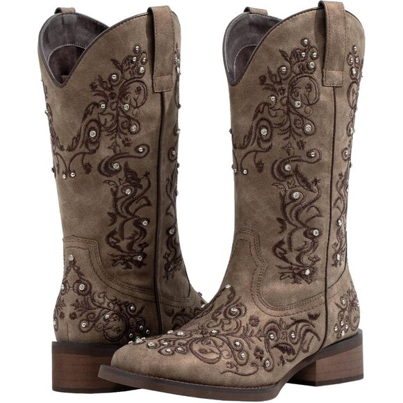 SheSole Womens Brown Ladies Cowgirl Boots Cowboy Mid Calf Square Toe - Picture 6 of 7